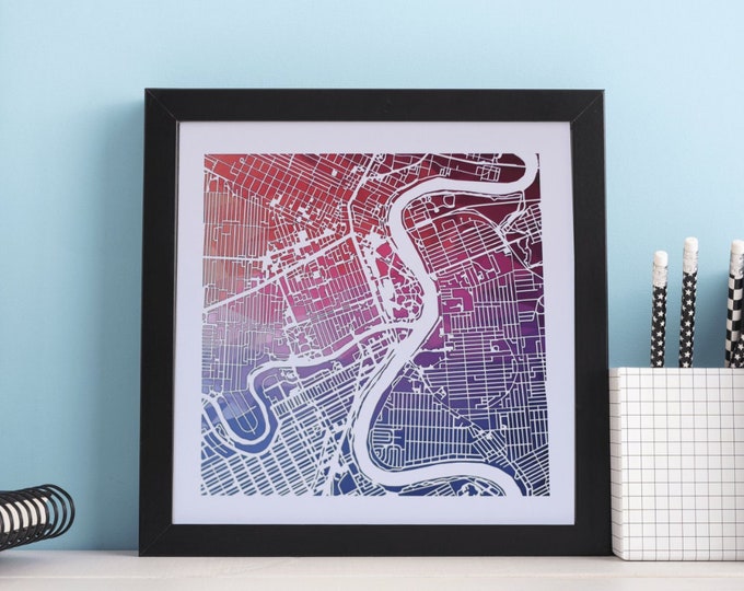 Framed Winnipeg City Ombre Multicolored Print Map | Wall Art | 10"x 10" Black Frame w/Hook | Home & Office Decor | Red River/Assinaboine