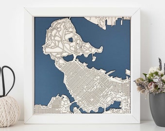 Vancouver map artwork, Vancouver map prints, Stanley Park Minimal White and Blue 3D Laser cut | 10"x 10" White Frame w/Hook |
