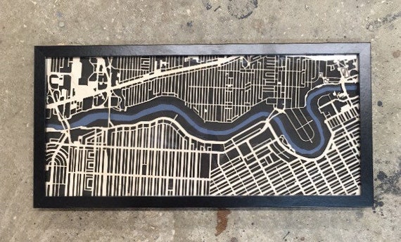 Winnipeg Laser cut map. 10"x20" framed