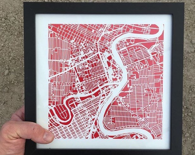 Framed Winnipeg City Red Print Map | Wall Art | 10"x 10" Black Frame w/Hook | Home & Office Decor | Red River/Assinaboine River | Picture