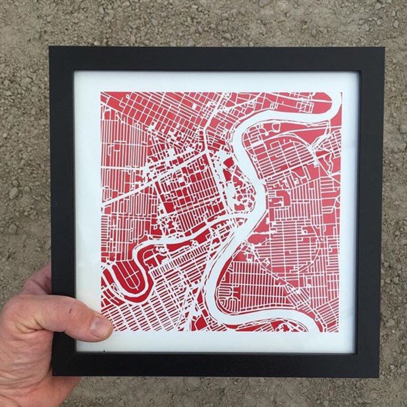 Framed Winnipeg City Red Print Map Wall Art 10x 10 Black Frame W/hook