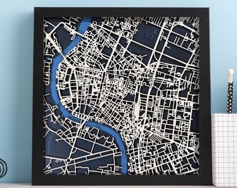 Bangkok Thailand Map  | Minimal Birch Wood and Matboard 3D Laser Cut Map | Wall Art | 10"x 10" Black Frame w/Hook | Home & Office Decor