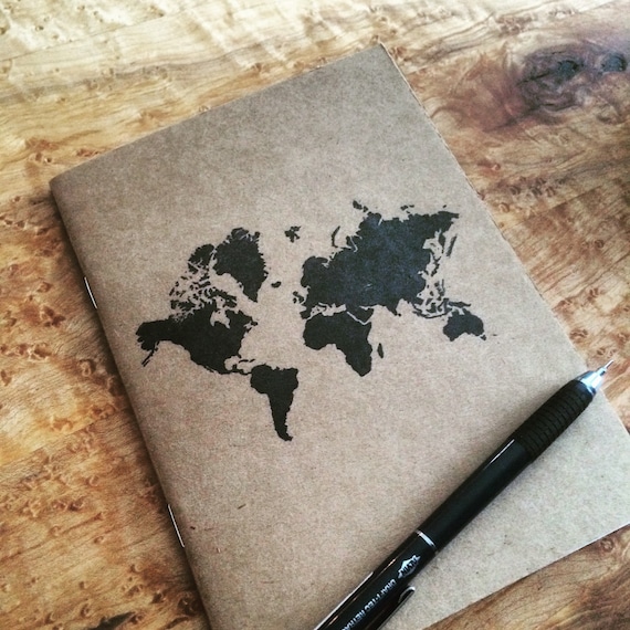 World design Kraft notebook notepad, Perfect travel journal, sketchbook, or for writing, great gift for her.