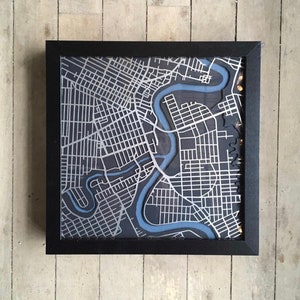 Winnipeg City Stainless Steel & Black/Blue Matboard 3D Laser Cut Map Metal Wall Art 10x10 Black Frame w/Hook Home and Office Decor image 1