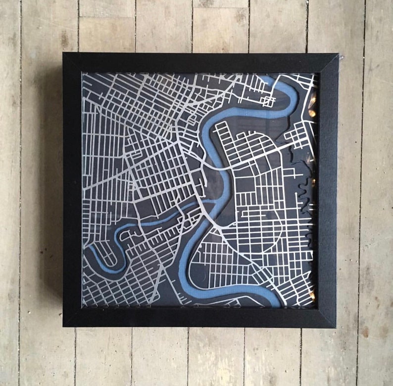 Winnipeg City Stainless Steel & Black/Blue Matboard 3D Laser Cut Map Metal Wall Art 10x10 Black Frame w/Hook Home and Office Decor image 1
