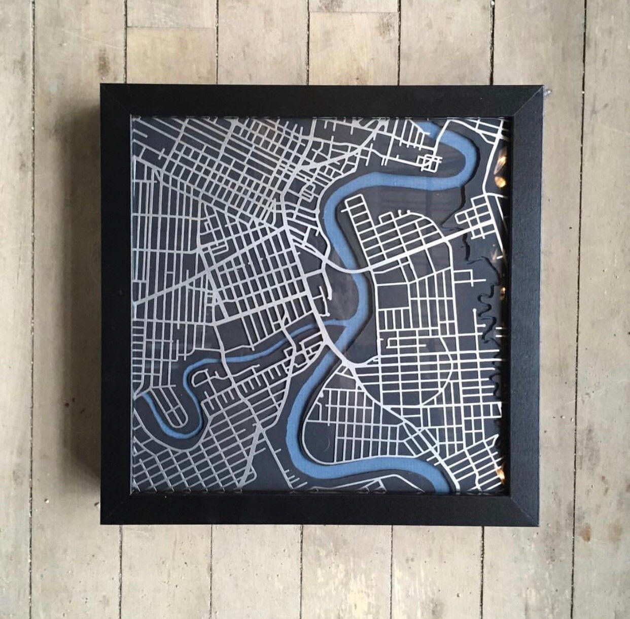 Winnipeg City Stainless Steel & Black/Blue Matboard 3D Laser Cut Map