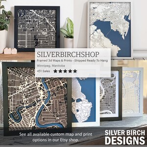 Winnipeg City Stainless Steel & Black/Blue Matboard 3D Laser Cut Map Metal Wall Art 10x10 Black Frame w/Hook Home and Office Decor image 3