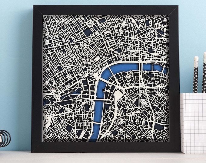 London England Wood Laser Cut Map, London Laser Cut Maps, wooden city map 10"x10"