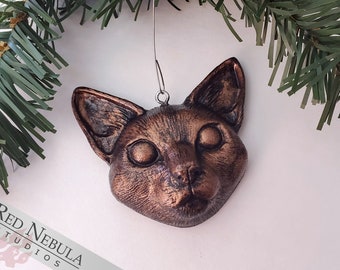 Cat Ornament - Bronze Hand-Painted Resin Cast Cat Face Christmas Decoration