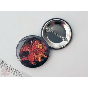 Baby Dragon Pinback Button, Magnet, or Keychain, 1.25&quot;, Cute Dragon with Gold Teddy Bear