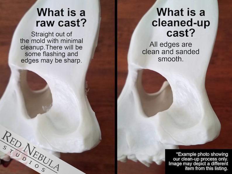 May include: Close-up of two white resin casts, one with rough edges and the other with smooth edges. The text "What is a raw cast?" and "What is a cleaned-up cast?" is displayed above each cast. The text "Straight out of the mould with minimal cleanup. There will be some flashing and edges may be sharp." is displayed below the first cast. The text "All edges are clean and sanded smooth." is displayed below the second cast. The text "RED NEBULA STUDIOS" is displayed below the first cast. The text "*Example photo showing our clean-up process only. Image may depict a different item from this listing." is displayed below the second cast.