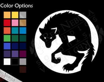 Werewolf Vinyl Decal with Anthro Wolf Silhouette Against the Moon, Lycanthrope Movie Monster - Multiple Color Options