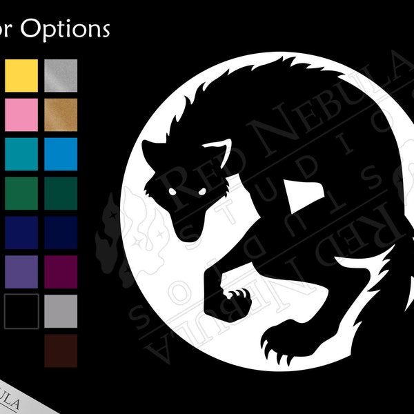 Werewolf Vinyl Decal with Anthro Wolf Silhouette Against the Moon, Lycanthrope Movie Monster - Multiple Color Options