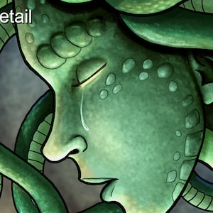 Puede incluir: Primer plano de una criatura verde con forma de serpiente y rostro humano. La criatura tiene una l&aacute;grima que le recorre la mejilla y los ojos cerrados. La criatura est&aacute; rodeada de serpientes verdes.