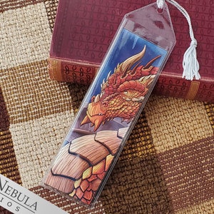 Bronze Dragon Bookmark with Silver Tassel, Fantasy Art Book Mark with Scaly Orange Dragon 画像 1