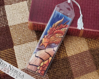 Bronze Dragon Bookmark with Silver Tassel, Fantasy Art Book Mark with Scaly Orange Dragon