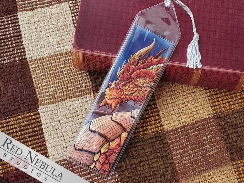 Bronze Dragon Bookmark with Silver Tassel, Fantasy Art Book Mark with Scaly Orange Dragon 画像 1