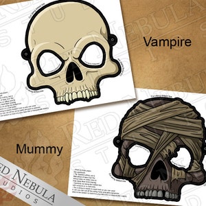 Skull Monster Masks, Instant Download, Printable Horror Masks, Zombie Mask, Paper Mask, Vampire Skull, Cyborg Mask, Mummy, Coloring Mask image 3