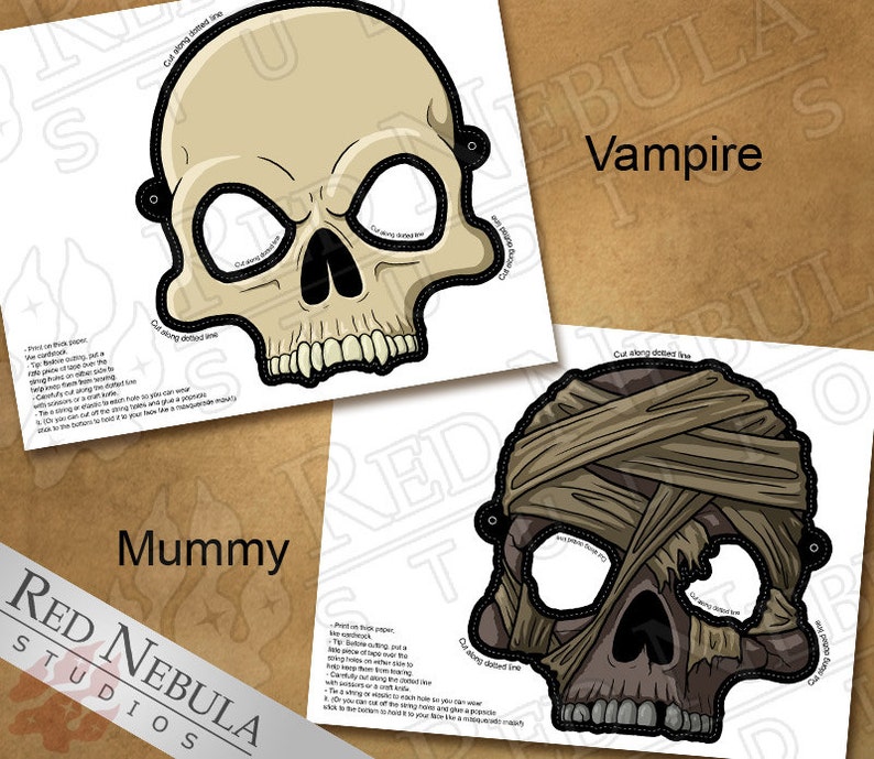 Skull Monster Masks, Instant Download, Printable Horror Masks, Zombie Mask, Paper Mask, Vampire Skull, Cyborg Mask, Mummy, Coloring Mask image 3