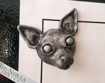 Chihuahua Magnet - Silver Handpainted Resin Cast Puppy Dog Face Refrigerator Magnet