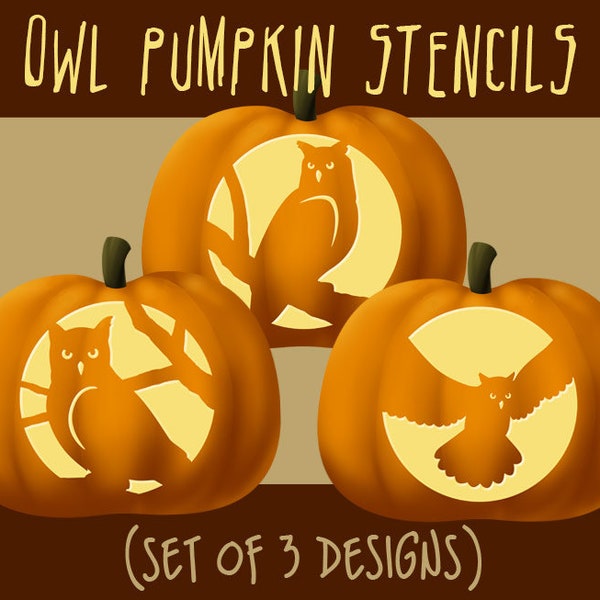 Digital Owl Pumpkin Stencils, Halloween Jack-o-lantern Patterns, Great Horned Owls