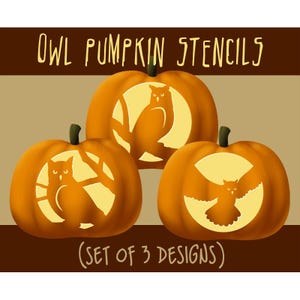 May include: Three orange pumpkins with owl stencil designs. The pumpkins have carved owl silhouettes in various poses. The text "Owl Pumpkin Stencils" is at the top, and "(Set of 3 Designs)" is at the bottom.