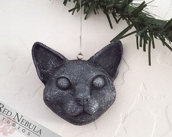 Gargoyle Cat Ornament - Faux Granite Hand-Painted Resin Cast Cat Face Christmas Decoration