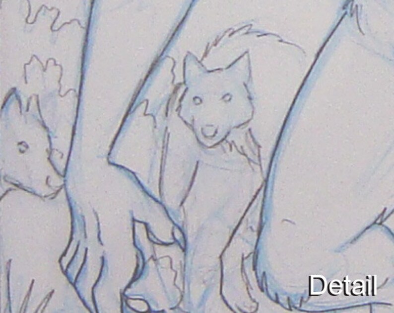 8.5 x 11 Werewolf Hunt Anthro Wolves in the Forest, OOAK Original Horror Pencil Art Drawing image 3