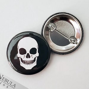 Human Skull Pinback Button, Magnet, or Keychain, 1.25, Macabre Grinning Skeleton Face, Non-Candy Treats / Teal Pumpkin Trick-or-Treat image 1