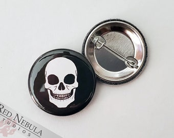 Human Skull Pinback Button, Magnet, or Keychain, 1.25", Macabre Grinning Skeleton Face, Non-Candy Treats / Teal Pumpkin Trick-or-Treat