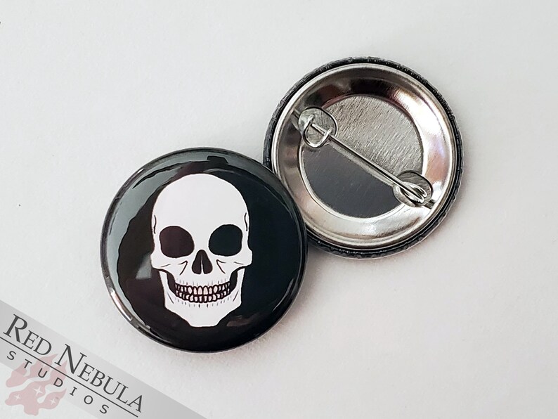 Human Skull Pinback Button, Magnet, or Keychain, 1.25, Macabre Grinning Skeleton Face, Non-Candy Treats / Teal Pumpkin Trick-or-Treat image 1