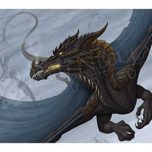 May include: A black dragon with gold accents flies through a cloudy sky. The dragon has sharp claws and teeth, and its wings are spread wide. The dragon's eyes are glowing yellow.