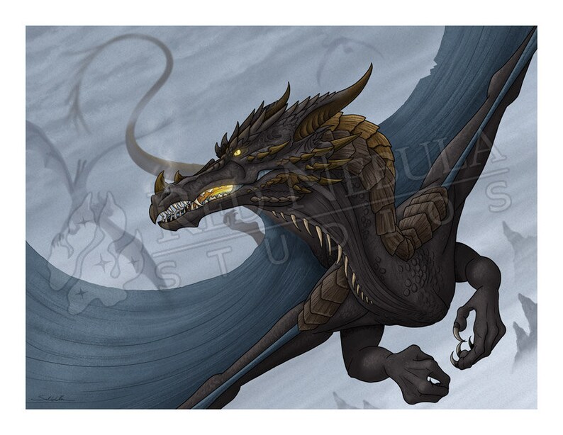 May include: A black dragon with gold accents flies through a cloudy sky. The dragon has sharp claws and teeth, and its wings are spread wide. The dragon's eyes are glowing yellow.