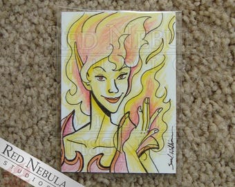Fire Fairy ACEO Original Drawing, 2.5&quot; x 3.5&quot; Ink and Colored Pencil Fantasy Artwork