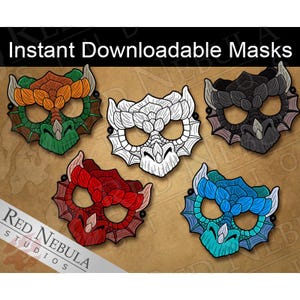 Maschera di drago Download immediato, maschere di carta stampabili, maschera di festa del drago, maschera da colorare per bambini, download digitale, rosso, nero, blu, verde