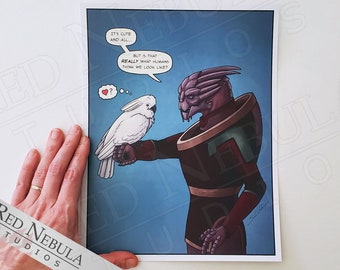 Turian and Cockatoo, Mass Effect Humor, Fanart Comic Art Print, 8.5 x 11 in