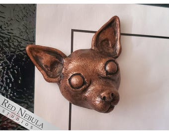 Chihuahua Magnet - Bronze Handpainted Resin Cast Puppy Dog Face Refrigerator Magnet
