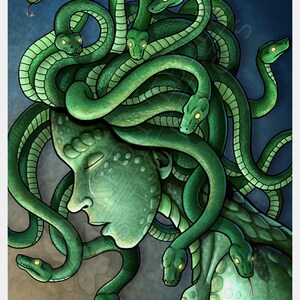 Puede incluir: Una ilustraci&oacute;n digital de Medusa, una figura m&iacute;tica griega con serpientes como cabello. Su rostro es verde p&aacute;lido y tiene una expresi&oacute;n de tristeza. Las serpientes son verdes y tienen ojos amarillos.