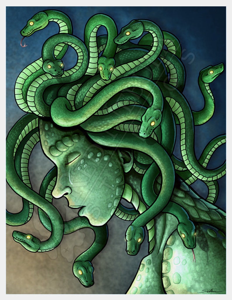 Puede incluir: Una ilustraci&oacute;n digital de Medusa, una figura m&iacute;tica griega con serpientes como cabello. Su rostro es verde p&aacute;lido y tiene una expresi&oacute;n de tristeza. Las serpientes son verdes y tienen ojos amarillos.