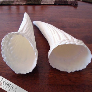 May include: Two white, ceramic horns with a textured surface. The horns are hollow and have a wide opening at the bottom.