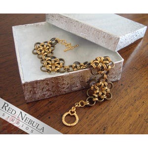 Gold Plated Brass Chainmaille Bracelet with Flower Design and Subtle Heart Motif on the Clasp, Chainmail Jewelry