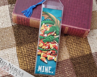 Candy Corn Dragon Bookmark, Green Dragon and Halloween Candy saying "Mine", Vinyl Sleeve Bookmark with Blue Tassel