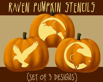 Digital Raven Pumpkin Stencils, Halloween Jack-o-lantern Patterns, Creepy Crow Stencil