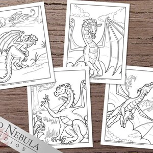 May include: Four black and white coloring pages featuring dragons in various poses. The dragons are depicted with wings, scales, and claws. The coloring pages are suitable for children and adults.