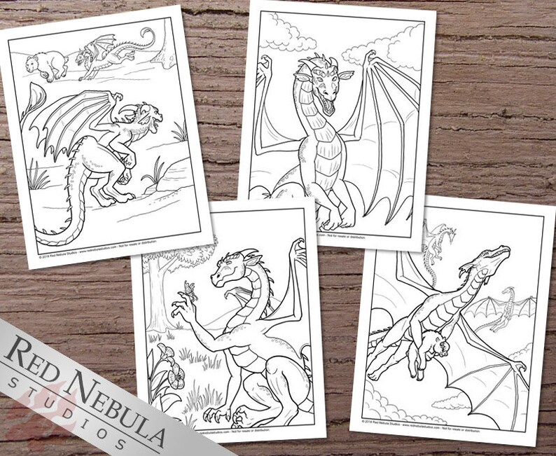 May include: Four black and white coloring pages featuring dragons in various poses. The dragons are depicted with wings, scales, and claws. The coloring pages are suitable for children and adults.