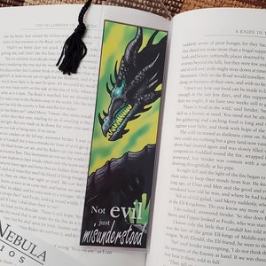 Dark Dragon Bookmark Not Evil, Just Misunderstood Green Background with Black Dragon and a Black Tassel, Fantasy Art Book Mark image 2