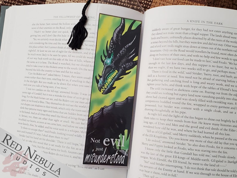 Dark Dragon Bookmark Not Evil, Just Misunderstood Green Background with Black Dragon and a Black Tassel, Fantasy Art Book Mark image 2
