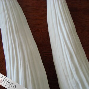 May include: Two white, smooth, curved horns with a textured surface. The horns are displayed on a wooden surface.