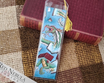 Book Dragon Bookmark with Yellow Tassel, Joyful Green Asian Dragon with Books