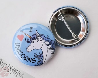 I Love Unicorns Pinback Button, Magnet, or Keychain, 1.25", Fantasy Pin